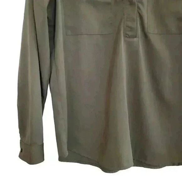 Banana Republic Women's Khaki Green Polyester Long Sleeve V-Neck Shirt w Gold Zi - Picture 3 of 9